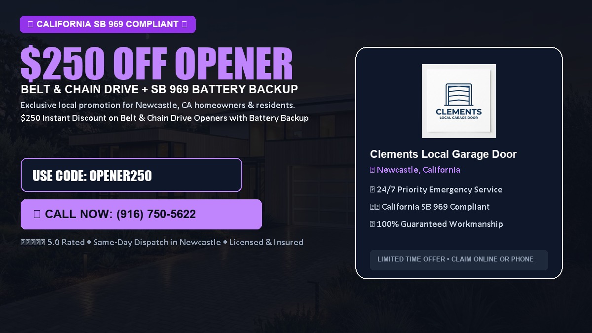 $250 OFF Smart Garage Door Opener Installation (Belt & Chain Drive with California SB 969 Battery Backup) in Newcastle, CA