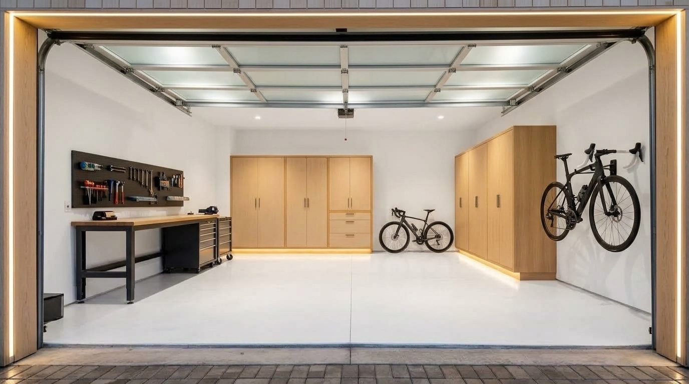 Clements Local Garage Door Interior View of Custom Garage Door Overhead and Workshop